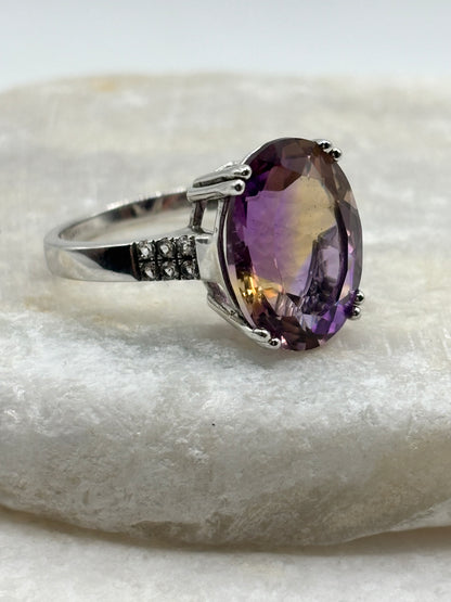 925 Sterling Silver Genuine Ametrine and White Zircon Statement Ring - Size Q