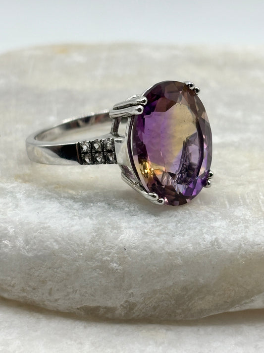925 Sterling Silver Genuine Ametrine and White Zircon Statement Ring - Size Q