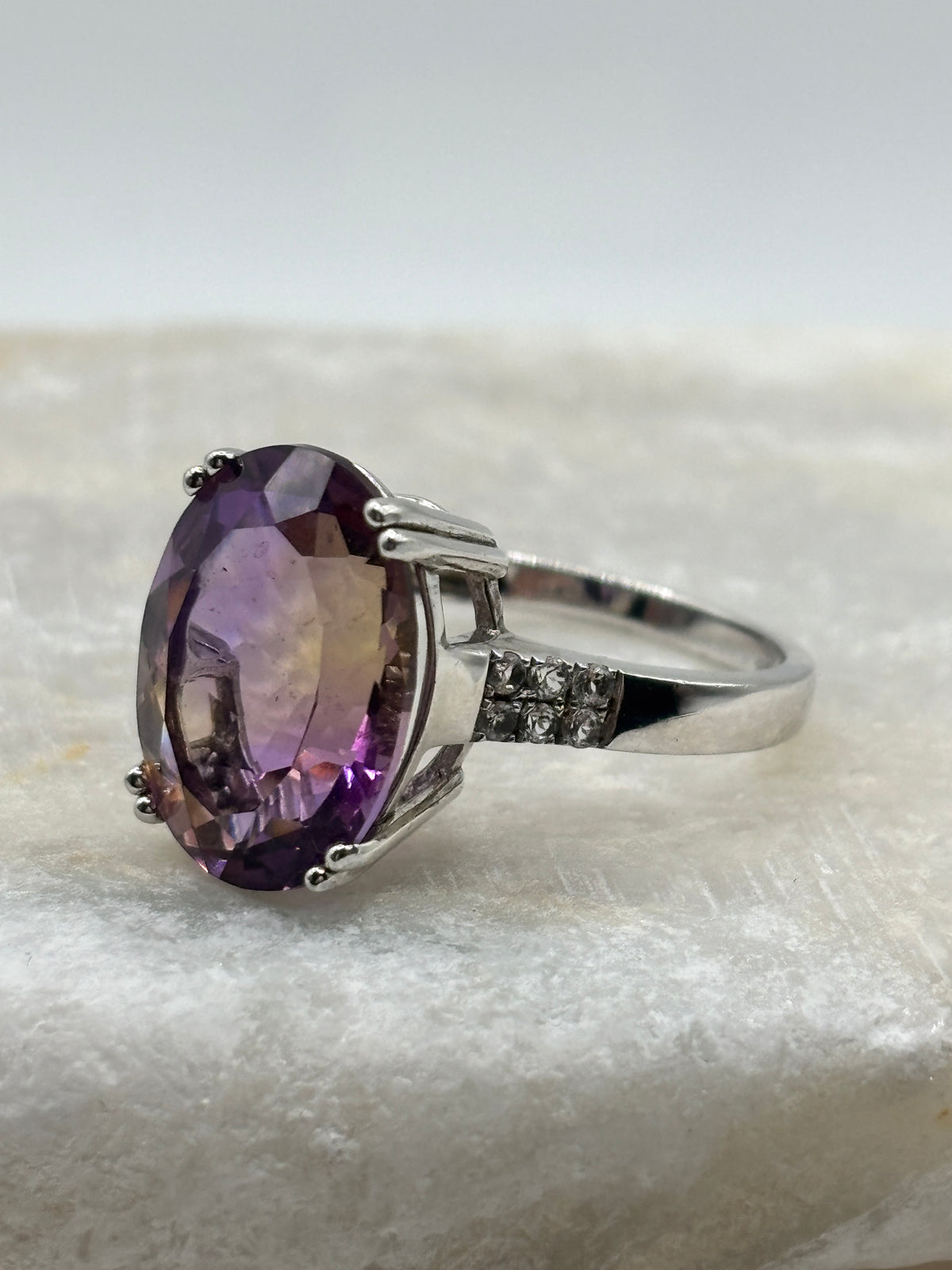 925 Sterling Silver Genuine Ametrine and White Zircon Statement Ring - Size Q