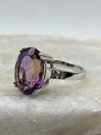 925 Sterling Silver Genuine Ametrine and White Zircon Statement Ring - Size Q