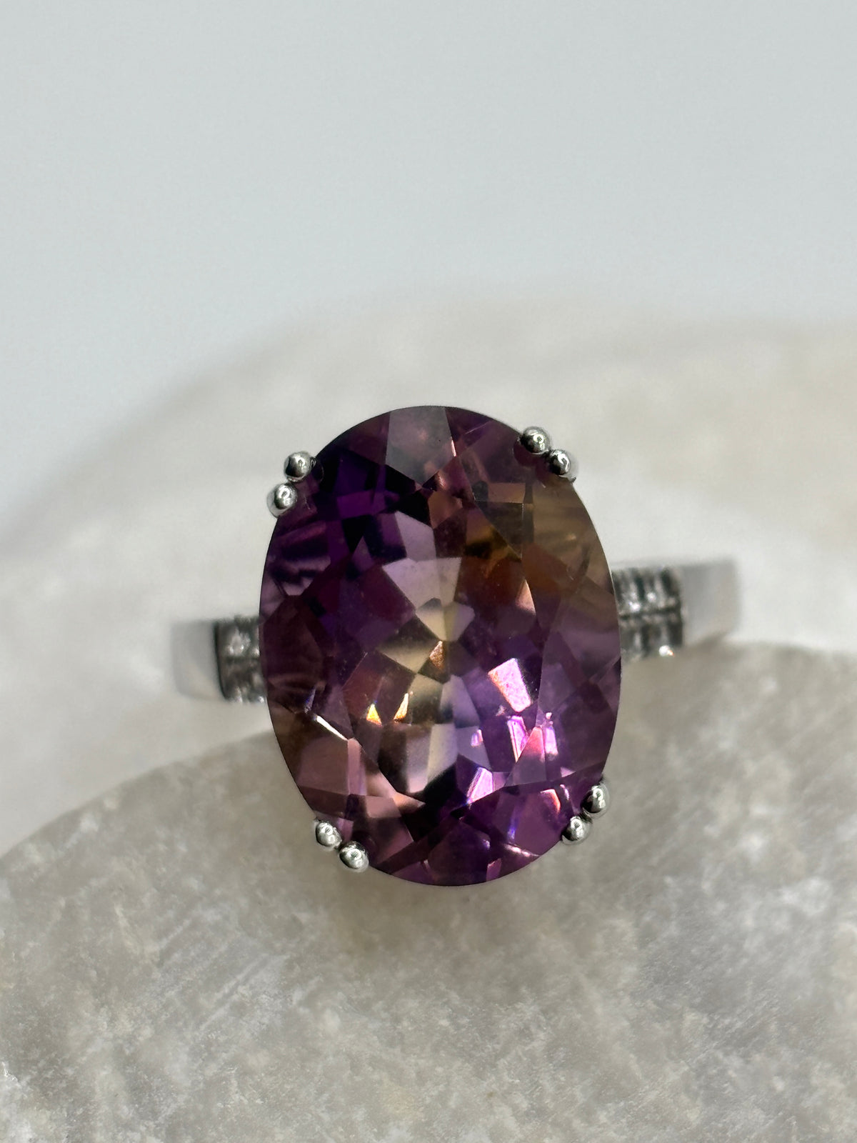 925 Sterling Silver Genuine Ametrine and White Zircon Statement Ring - Size Q
