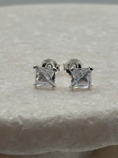 Handcrafted 925 Sterling Silver CZ Square Stud Earrings