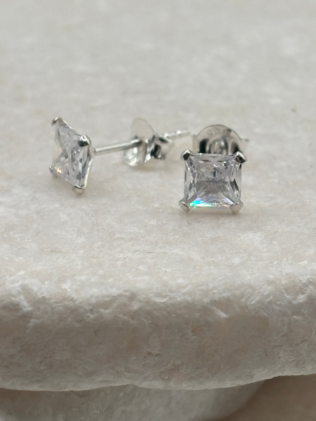 Handcrafted 925 Sterling Silver CZ Square Stud Earrings