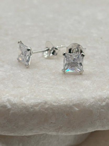 Handcrafted 925 Sterling Silver CZ Square Stud Earrings