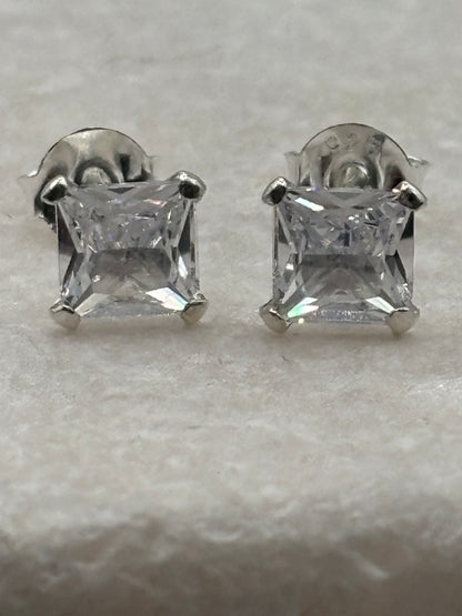 Handcrafted 925 Sterling Silver CZ Square Stud Earrings