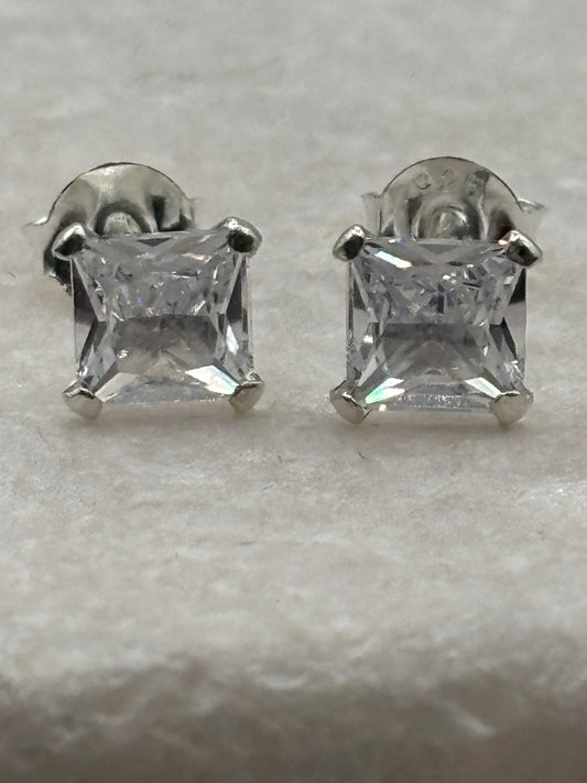 Handcrafted 925 Sterling Silver CZ Square Stud Earrings
