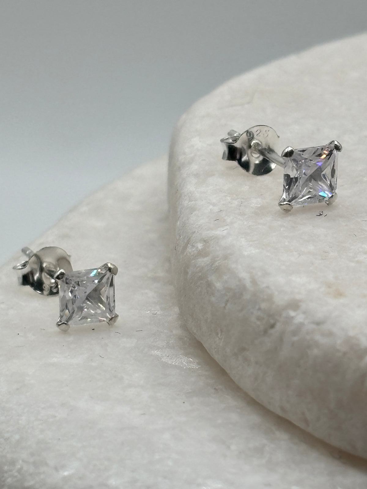 Handcrafted 925 Sterling Silver CZ Square Stud Earrings