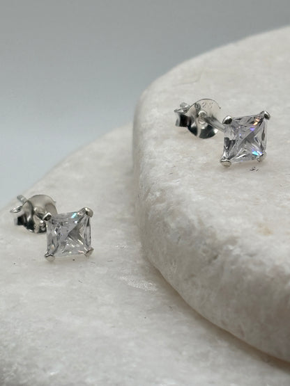 Handcrafted 925 Sterling Silver CZ Square Stud Earrings