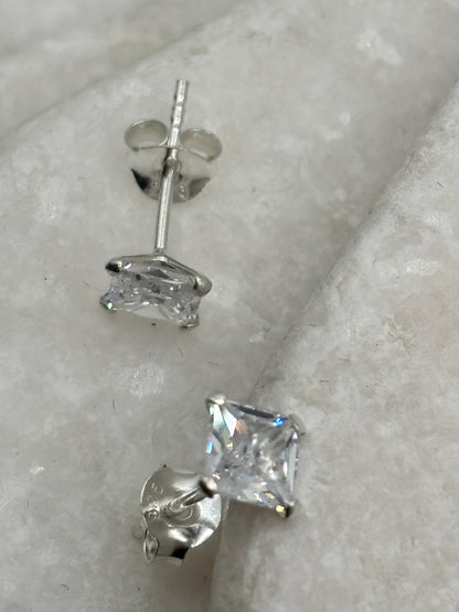 Handcrafted 925 Sterling Silver CZ Square Stud Earrings