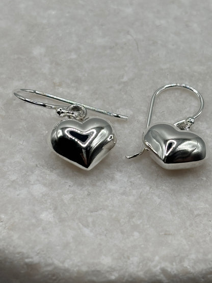 Handcrafted 925 Sterling Silver Puff Heart Drop Earrings
