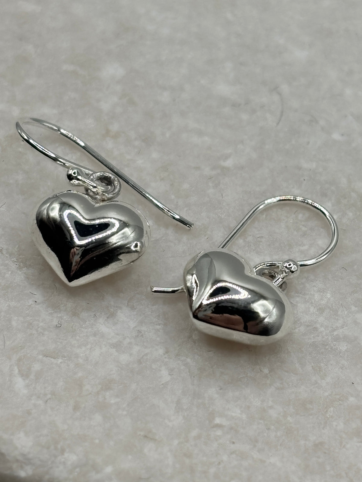 Handcrafted 925 Sterling Silver Puff Heart Drop Earrings