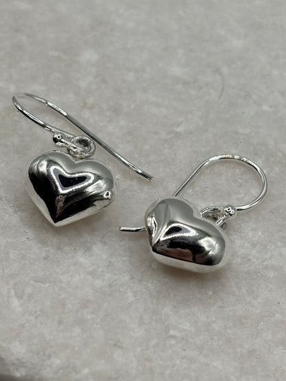 Handcrafted 925 Sterling Silver Puff Heart Drop Earrings