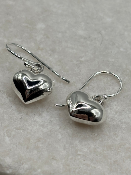 Handcrafted 925 Sterling Silver Puff Heart Drop Earrings