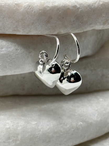 Handcrafted 925 Sterling Silver Puff Heart Drop Earrings