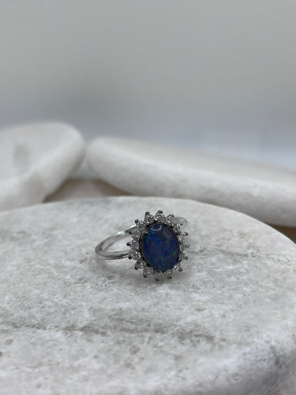 925 Sterling Silver Boulder Opal White Topaz Halo Ring Size R