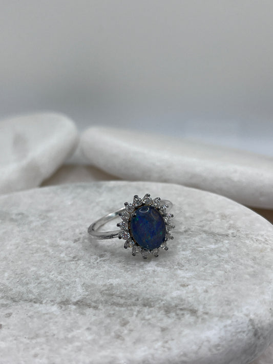 925 Sterling Silver Boulder Opal White Topaz Halo Ring