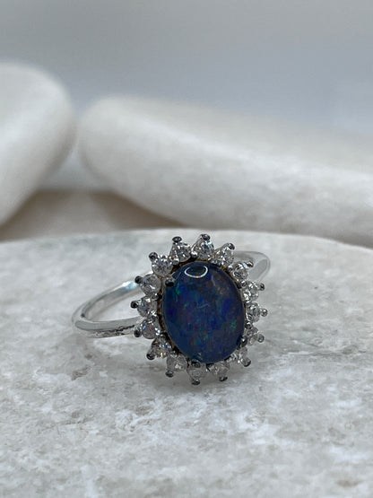 925 Sterling Silver Boulder Opal White Topaz Halo Ring Size R