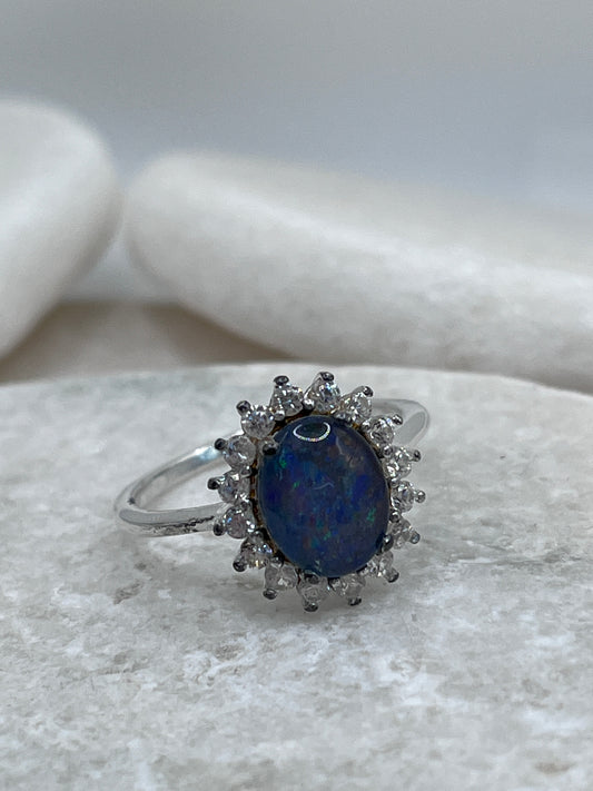 925 Sterling Silver Boulder Opal White Topaz Halo Ring Size R