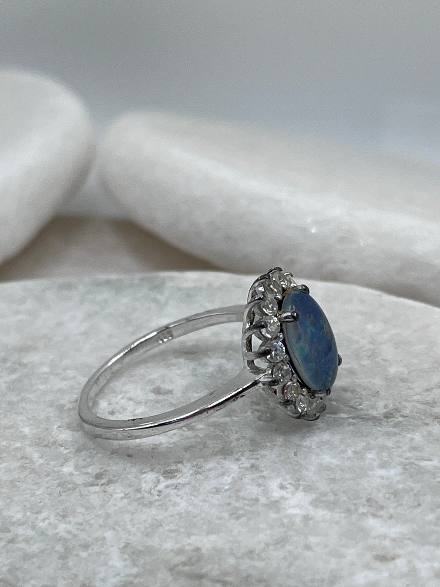 925 Sterling Silver Boulder Opal White Topaz Halo Ring Size R