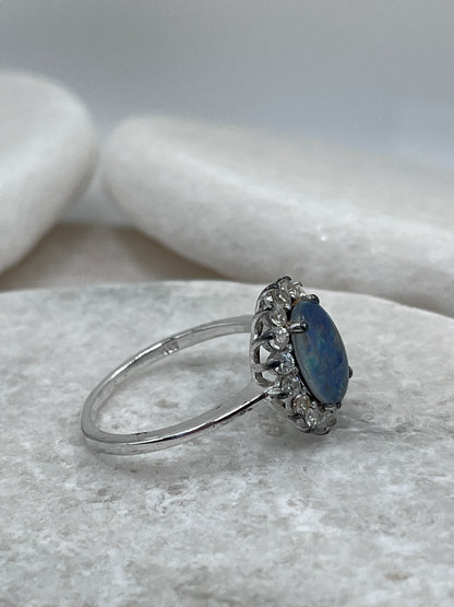 925 Sterling Silver Boulder Opal White Topaz Halo Ring Size R