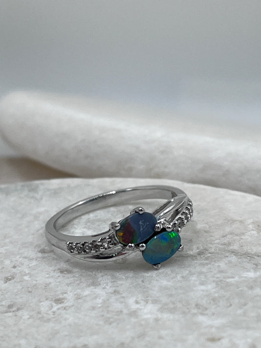 925 Sterling Silver Opal Doublet And White Topaz Twist Ring Size S