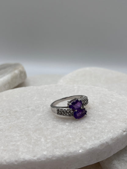 925 Sterling Silver Double Amethyst Tear Drop And White Spinel Ring Size S