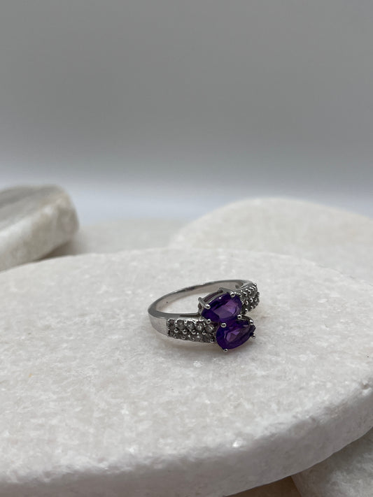 925 Sterling Silver Double Amethyst Tear Drop And White Spinel Ring Size S