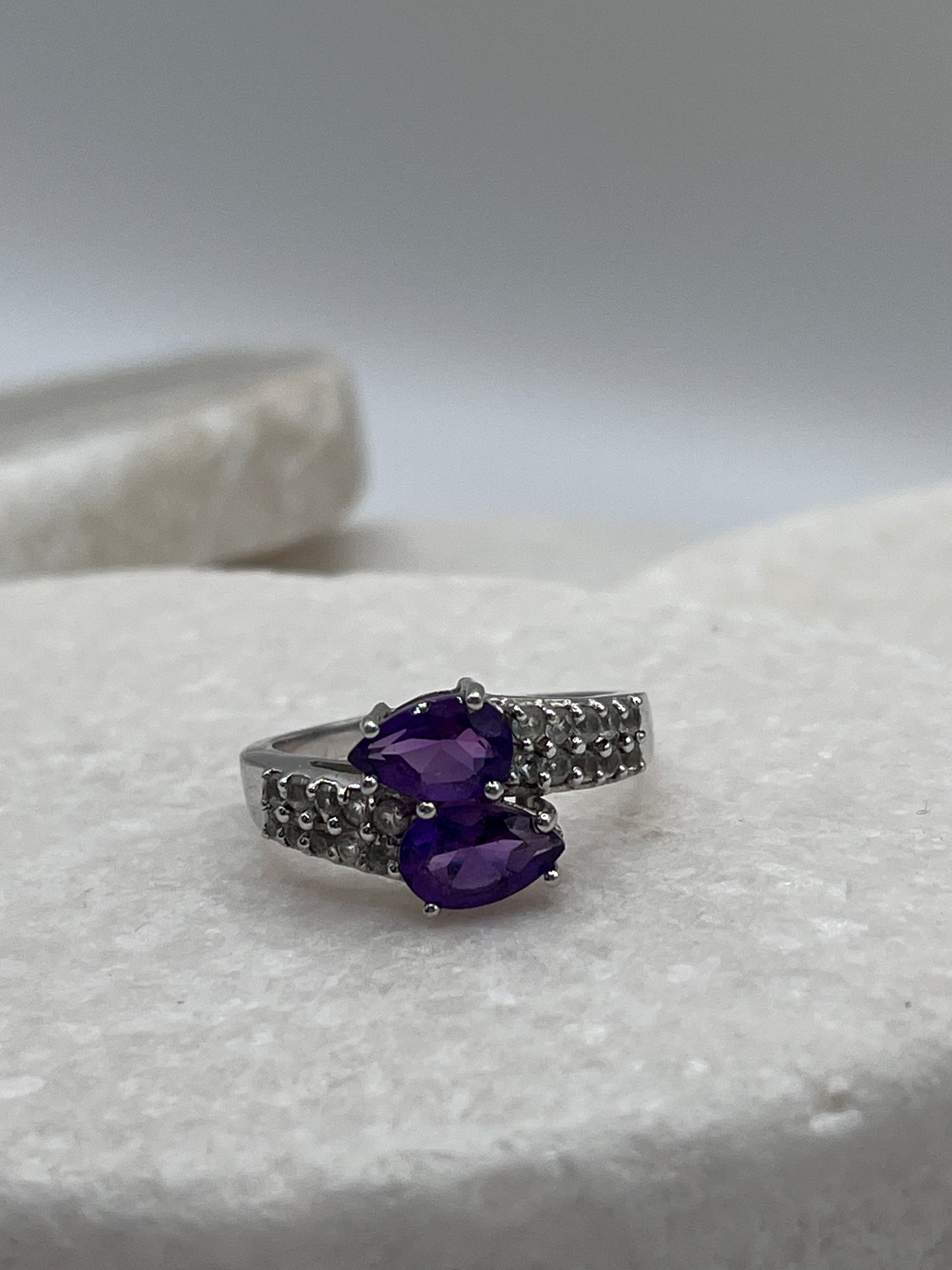 925 Sterling Silver Double Amethyst Tear Drop And White Spinel Ring Size S