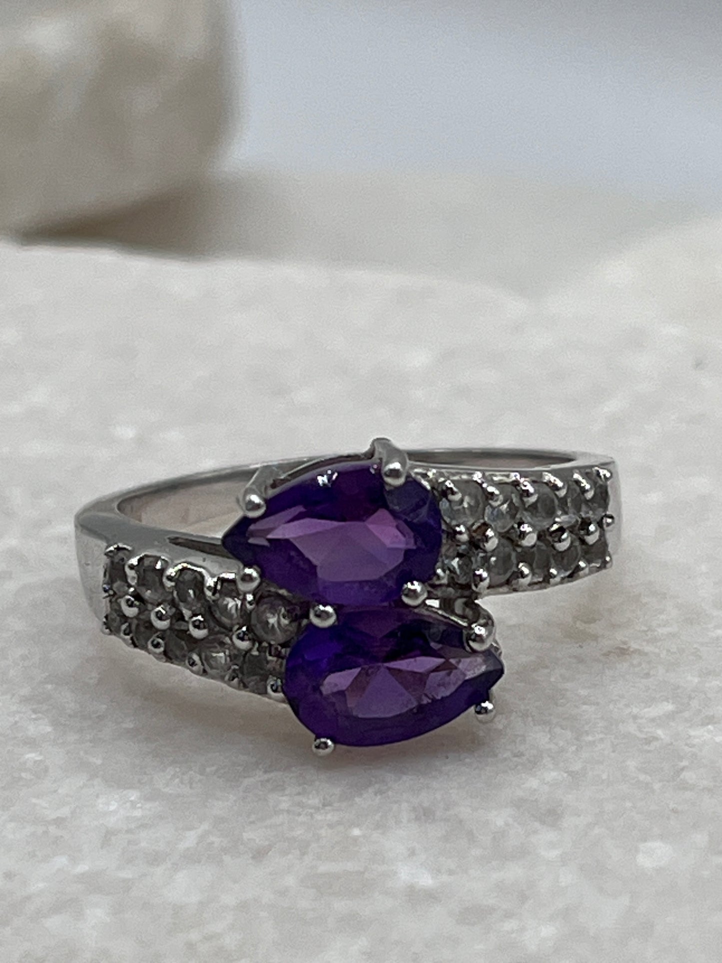 925 Sterling Silver Double Amethyst Tear Drop And White Spinel Ring Size S