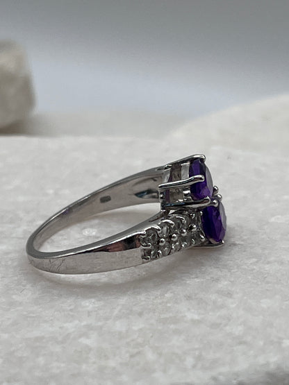 925 Sterling Silver Double Amethyst Tear Drop And White Spinel Ring Size S