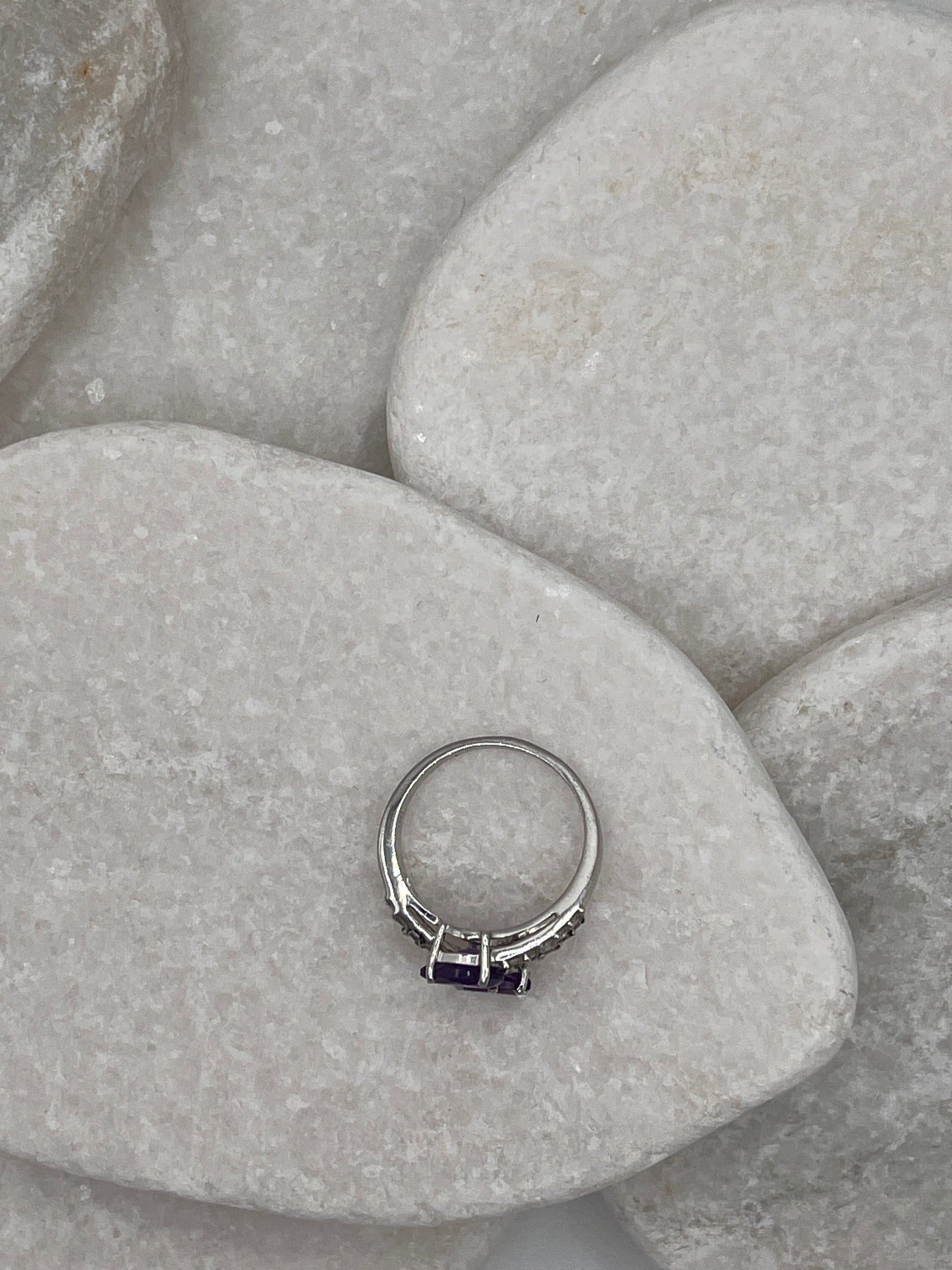 925 Sterling Silver Double Amethyst Tear Drop And White Spinel Ring Size S
