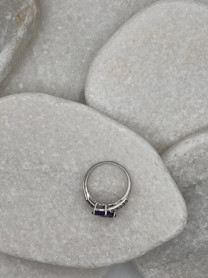 925 Sterling Silver Double Amethyst Tear Drop And White Spinel Ring Size S
