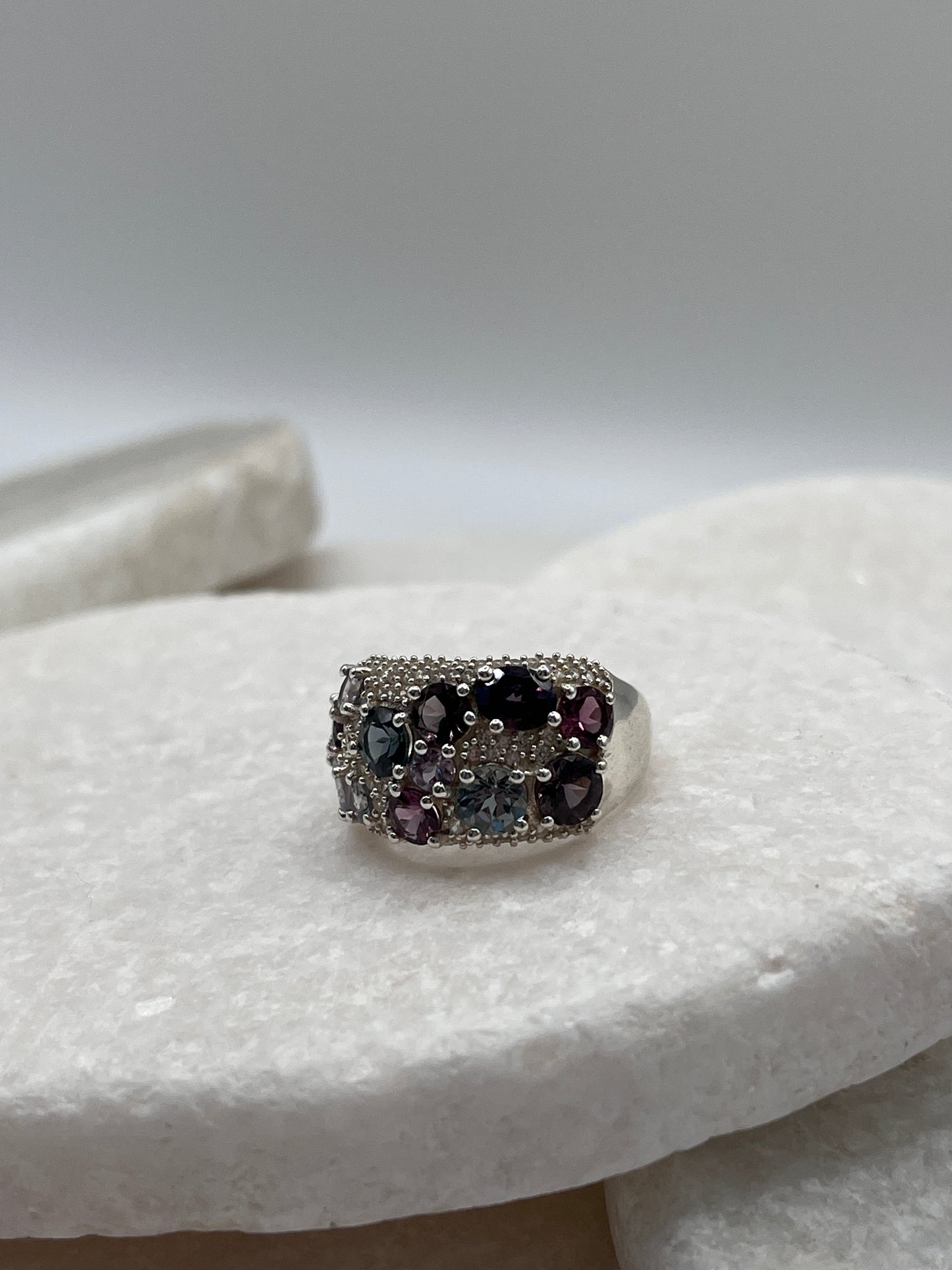 925 Sterling Silver and White Zircon Multicoloured Spinel Ring - Size L
