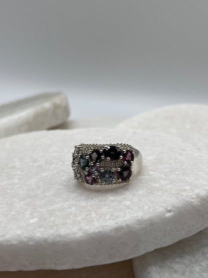 925 Sterling Silver and White Zircon Multicoloured Spinel Ring - Size L