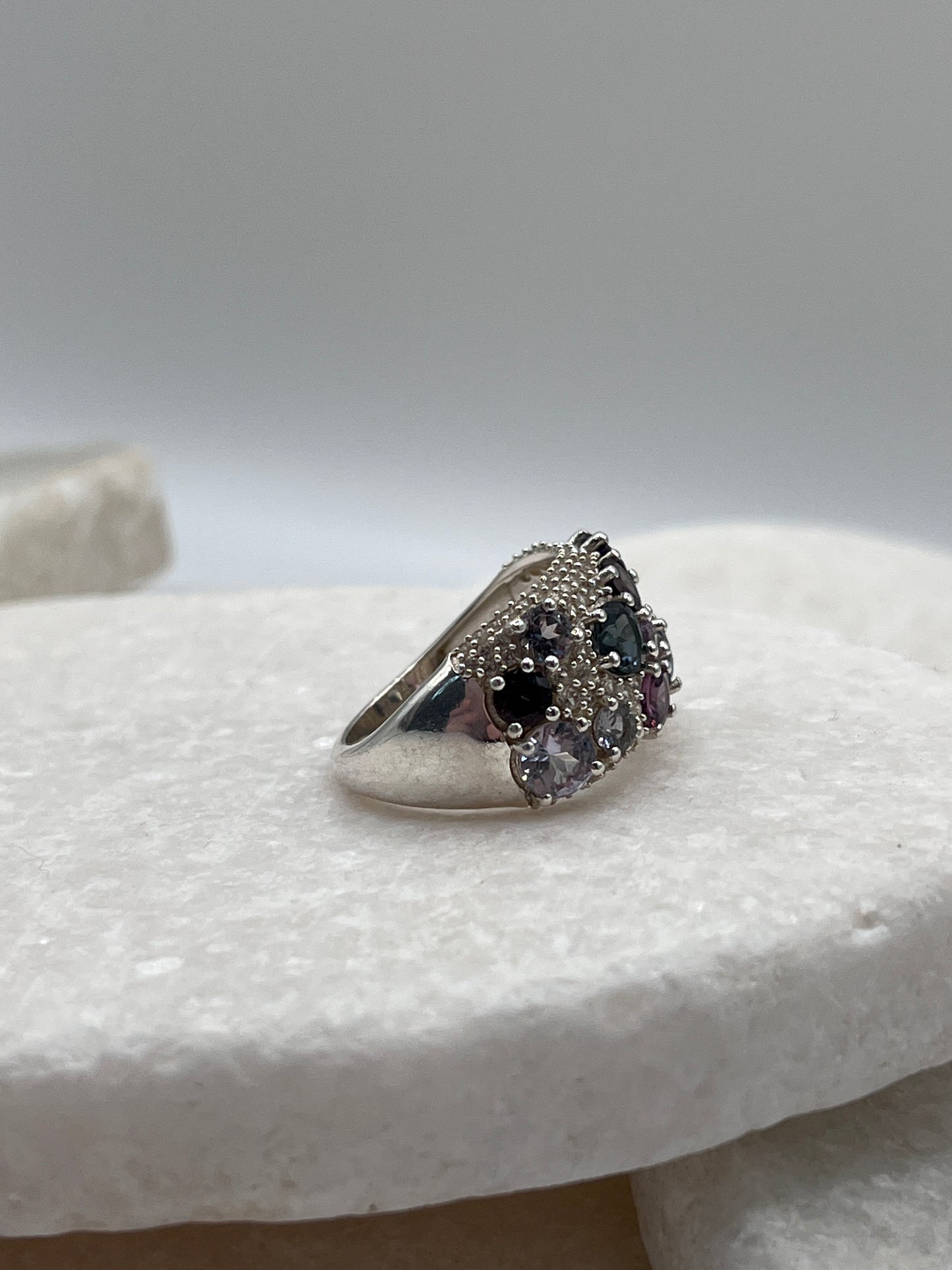 925 Sterling Silver and White Zircon Multicoloured Spinel Ring - Size L