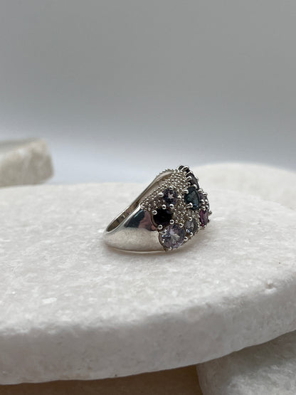 925 Sterling Silver and White Zircon Multicoloured Spinel Ring - Size L