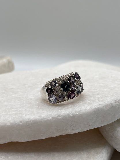 925 Sterling Silver and White Zircon Multicoloured Spinel Ring - Size L