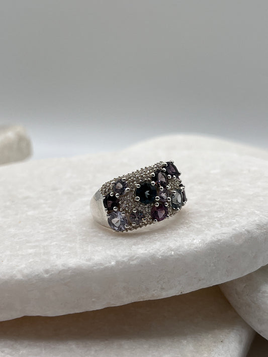 925 Sterling Silver Coloured Spinel And White Topaz Gemstone Ring Size S