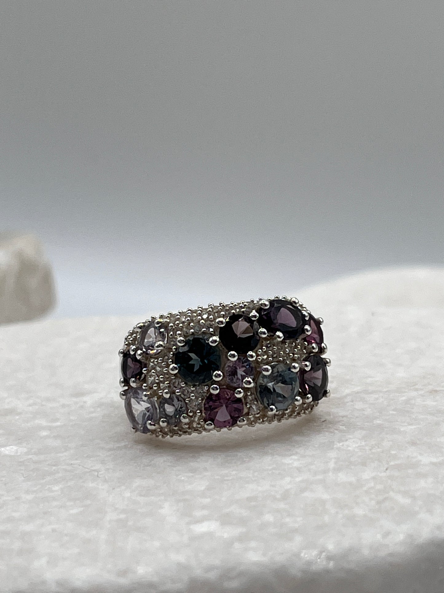 925 Sterling Silver and White Zircon Multicoloured Spinel Ring - Size L