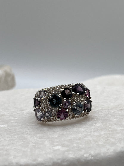 925 Sterling Silver and White Zircon Multicoloured Spinel Ring - Size L