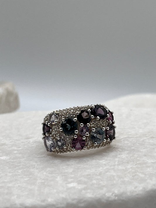 925 Sterling Silver and White Zircon Multicoloured Spinel Ring - Size L