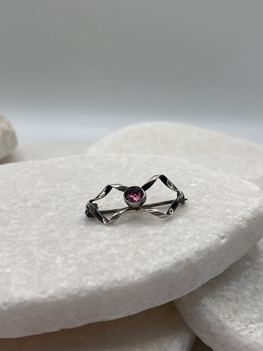 925 Sterling Silver Vintage Amethyst Ribbon Brooch