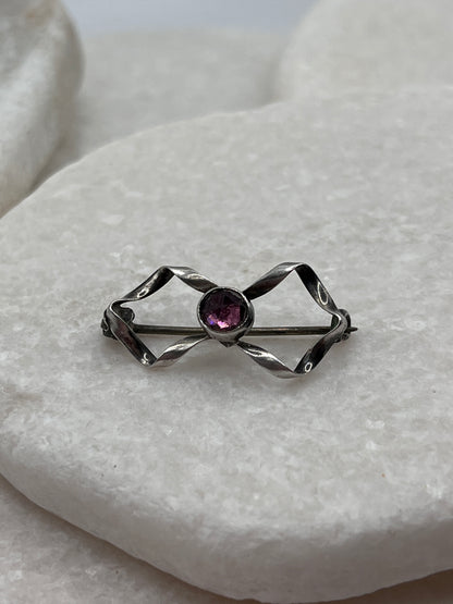 925 Sterling Silver Vintage Amethyst Ribbon Broach Size S