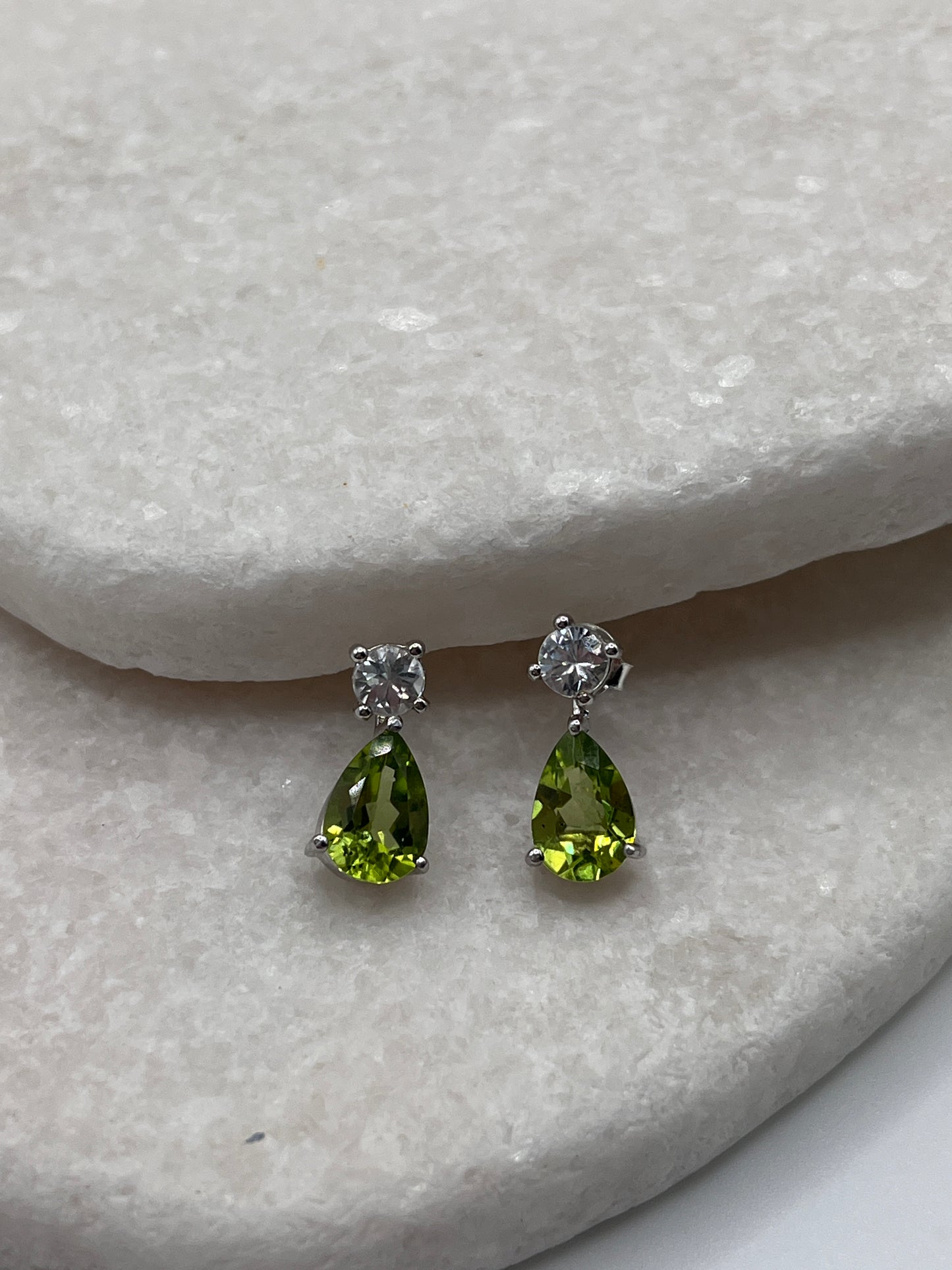 925 Sterling Silver Peridot Tear Drop And White Topaz Drop Earrings