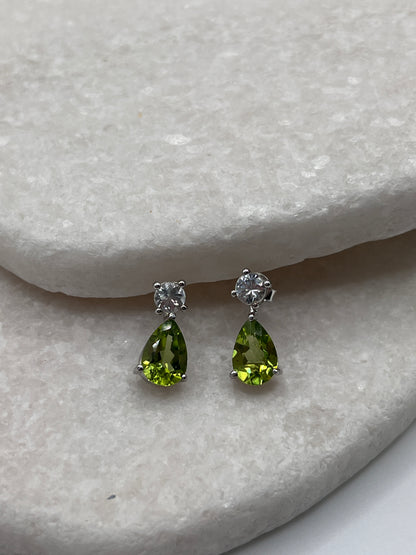 925 Sterling Silver Peridot Tear Drop And White Topaz Drop Earrings
