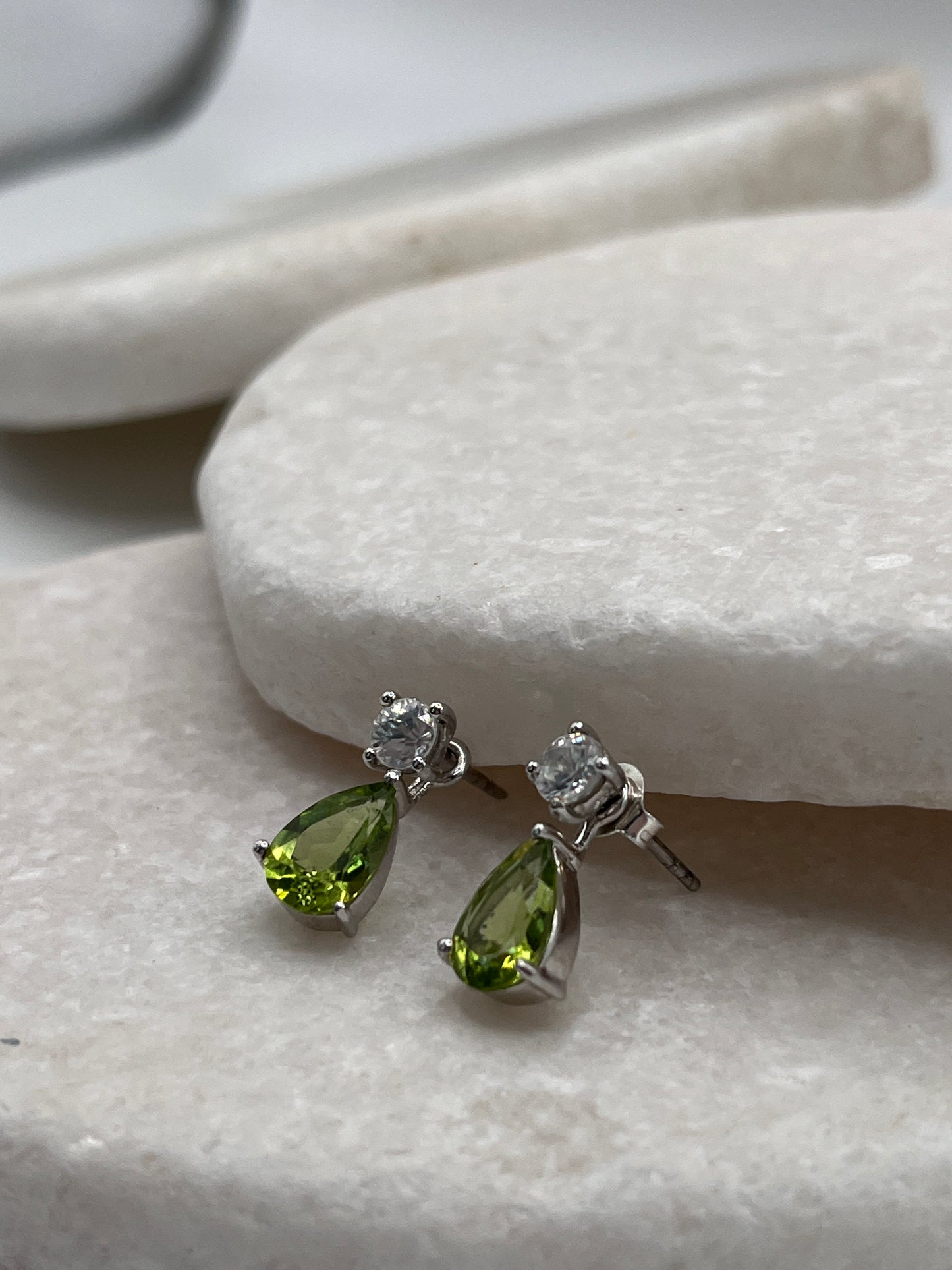 925 Sterling Silver Peridot Tear Drop And White Topaz Drop Earrings