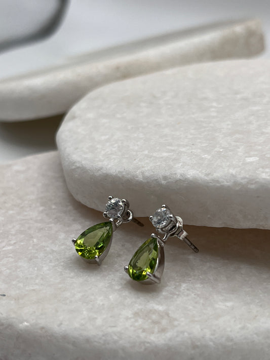 925 Sterling Silver Peridot Tear Drop And White Topaz Drop Earrings