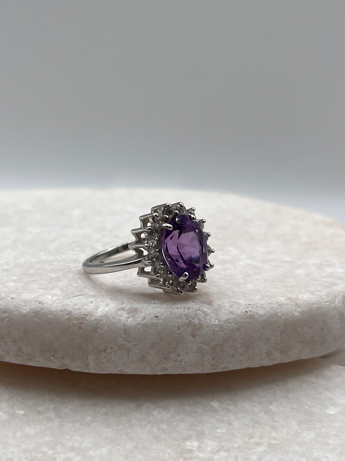 925 Sterling Silver Amethyst And White Topaz Halo Ring Size K