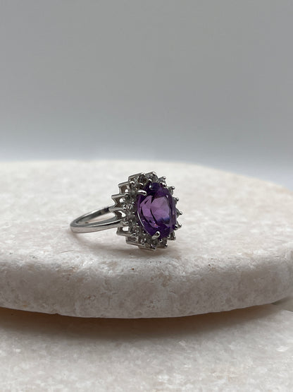 925 Sterling Silver Amethyst And White Topaz Halo Ring Size K