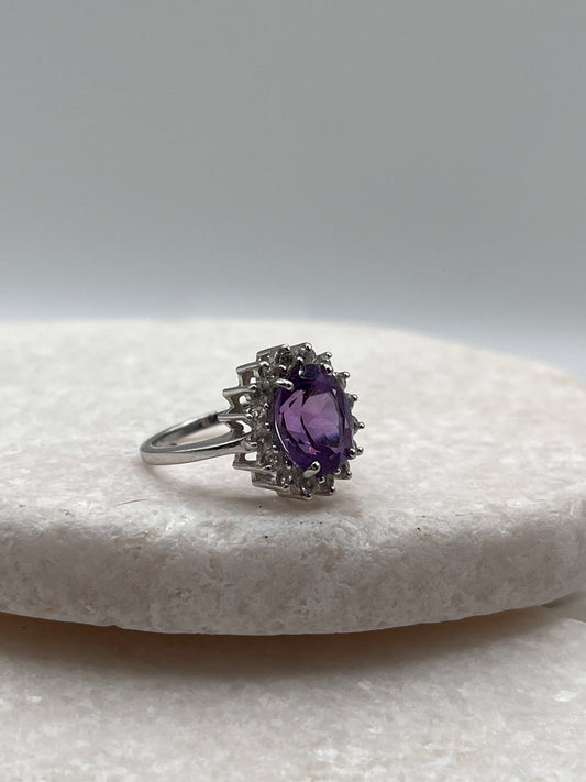 925 Sterling Silver Amethyst And White Topaz Halo Ring Size K